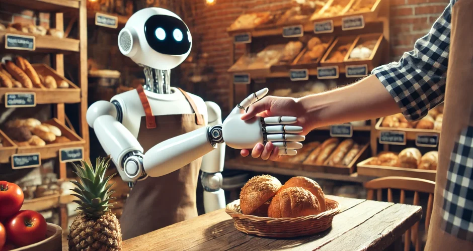 DALL·E 2024-12-03 18.02.32 - A robotic hand shaking hands with a small business owner in a cozy bakery setting, symbolizing technology meeting local business. The scene is warm an